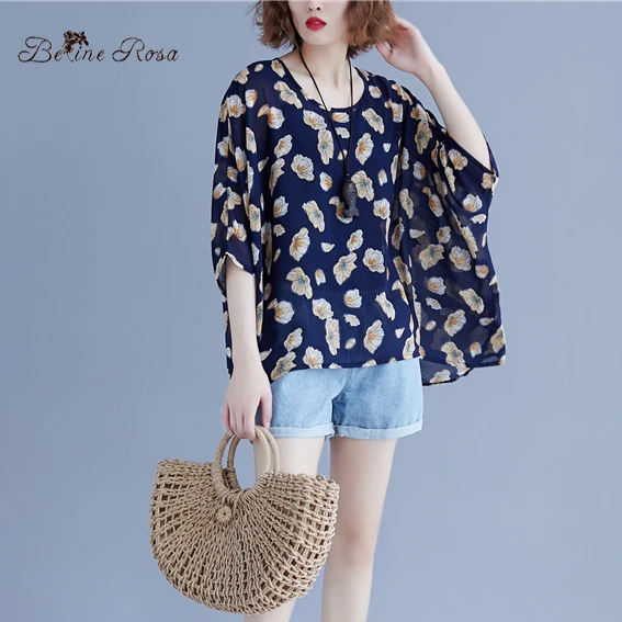 

BelineRosa 2019 Women's Holiday Summer Style Women Tops Shirt Chiffon Floral Printing Chiffon Printed Tops Shirt FemaleBSDM0255