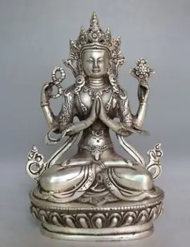 

Tibet Buddhism Silver Bodhisattva Four-armed Avalokiteshvara Buddha Statue