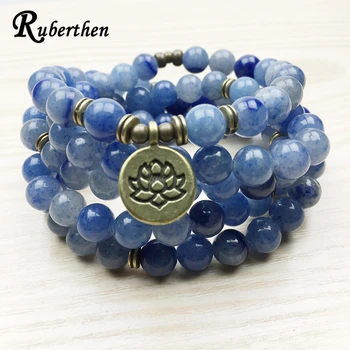 

Ruberthen New Arrival Design Women`s Mala Beads Bracelet Vintage Blue Aventurine Quartz Yogi Bracelet Necklace Lotus Bracelet