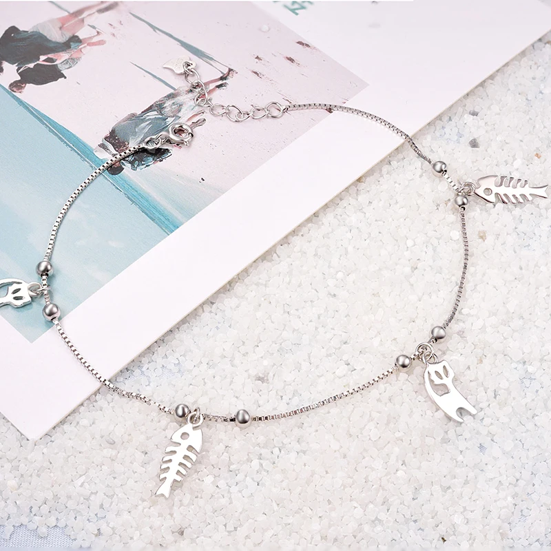 Fresh Cute Pure 925 Sterling Silver Anklet Cat And Fish Bone Round Bead Anklets For Women Ankle Bracelet Foot Chain Girl Jewelry