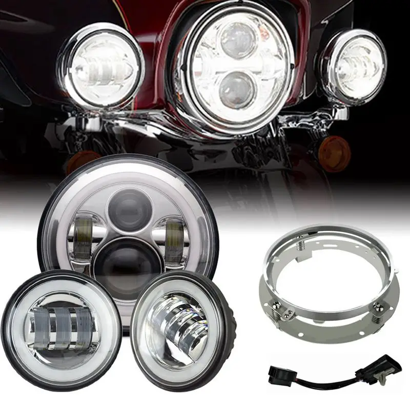 

Free Adpter & 7 Inch Motorcycle Led Headlights & DRL Mounting Bracket Ring & 4.5" Led Fog Lights For Harley Davidson