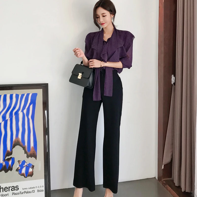 Vintage 2 Pieces Set Women Lace Up Polka Dot Ruffles Blouses Shirts &amp High Waist Flare Pant Female Fashion OL Sets 2018 Autumn | Женская