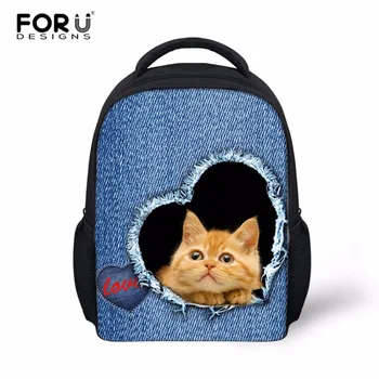 

FORUDESIGNS 12 inch Kindergarten School Bags for Boys Girls 3D Denim Cat Children Bookbag Horse Shoulder Bag Toddler Kids Gift