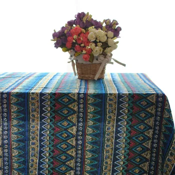 

Cotton and linen Striped tablecloth rectangle High-grade blue table cover ethnic style table cloth