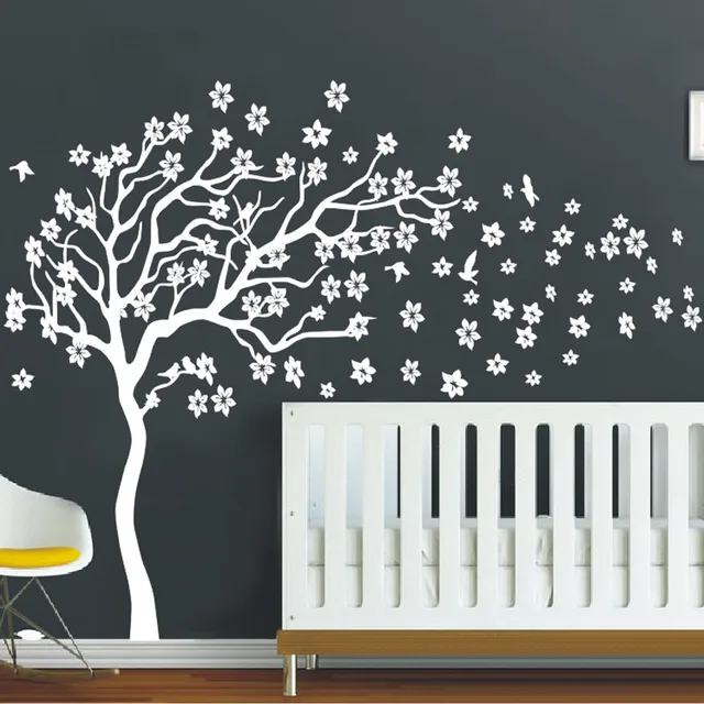 huge white tree flowers 3d vinyl wall decal nursery tree and birds