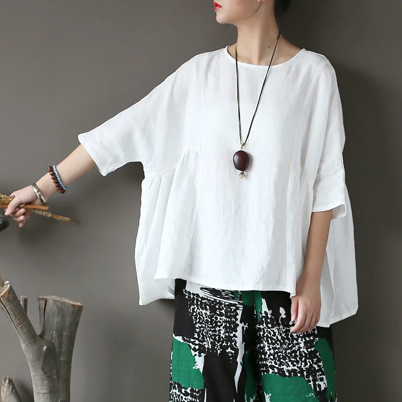 

Women Loose Linen Round Neck Blouse Shirts Ladies Retro Solid Color summer Shirt Female Bat Sleeve Vintage Blouses