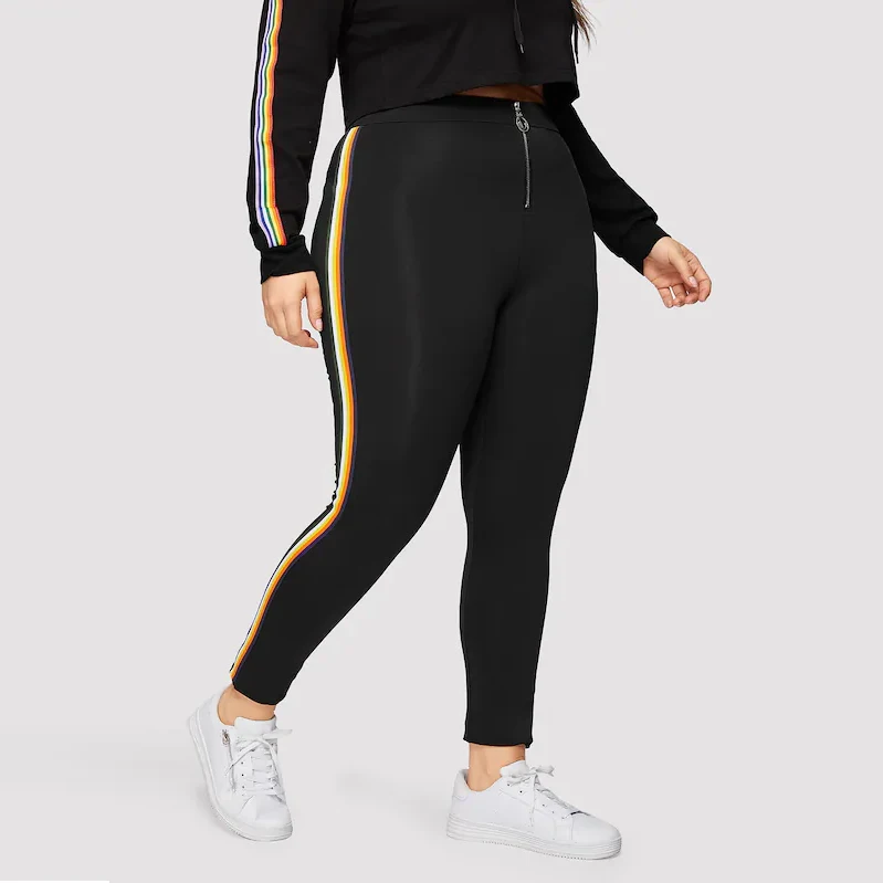 2019 новые женские черные обтягивающие спортивные эластичные брюки с высокой посадкой цветные боковые полосы плюс размер 4XL Modis спортивные