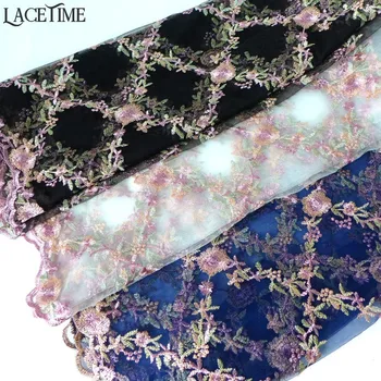 

Beautiful Embroidered Flower Grid Tulle Lace Fabric Multi-Color African Lace Fabric For Bridal Cloth, Woman Dress 1 Yard