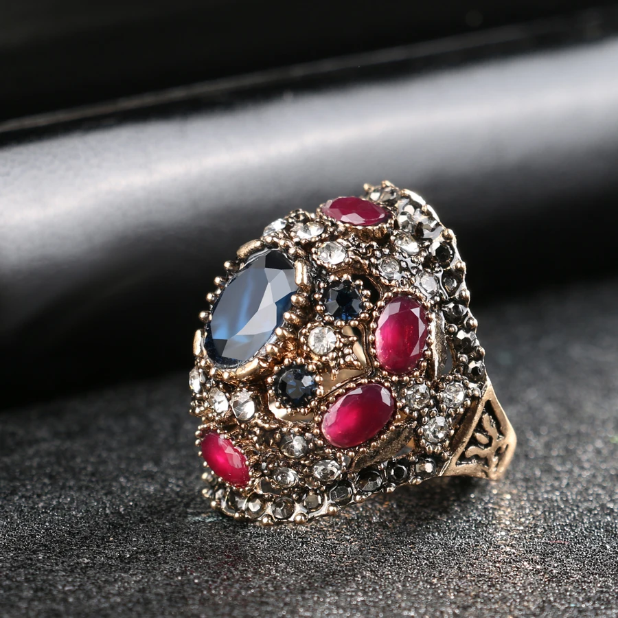 Crystal Rings Luxury Turkish Colorful Resin Ring Ancient Gold Vintage Wedding Rings For Women Crystal Accessories Gift
