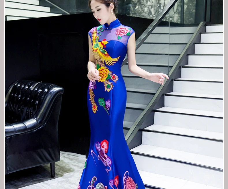 Традиционный красный невесты китайский стиль вышивка русалка хвостовой свадьба Cheongsam Длинные Вечернее китайское платье-ципао платья