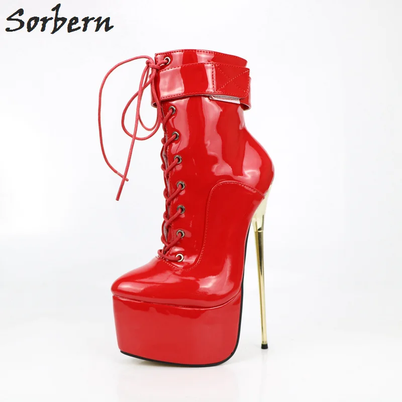 

Sorbern Red Shiny Ankle Boots For Women 22Cm Metal High Heels Ladies Shoes Platform Shoes New 2018 Custom Colors Lace-Up