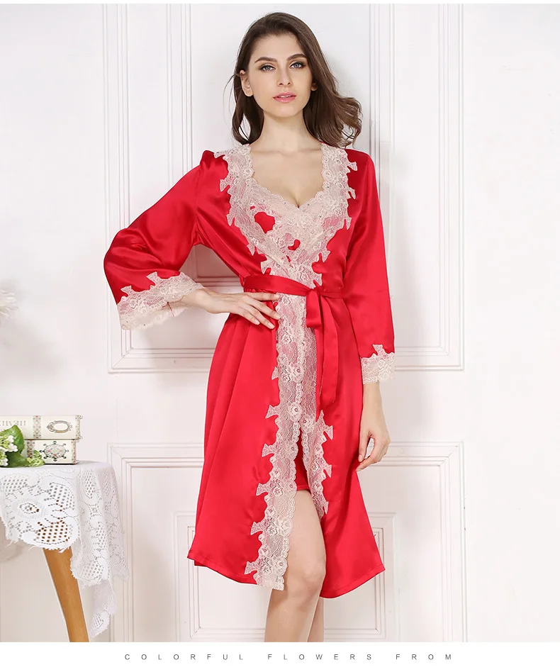 Женский халат sets2019 женский шелковый халат кружевной сексуальный плюс размер женский Шелковый Повседневный тонкий красный ночной Пижамный халат наборы