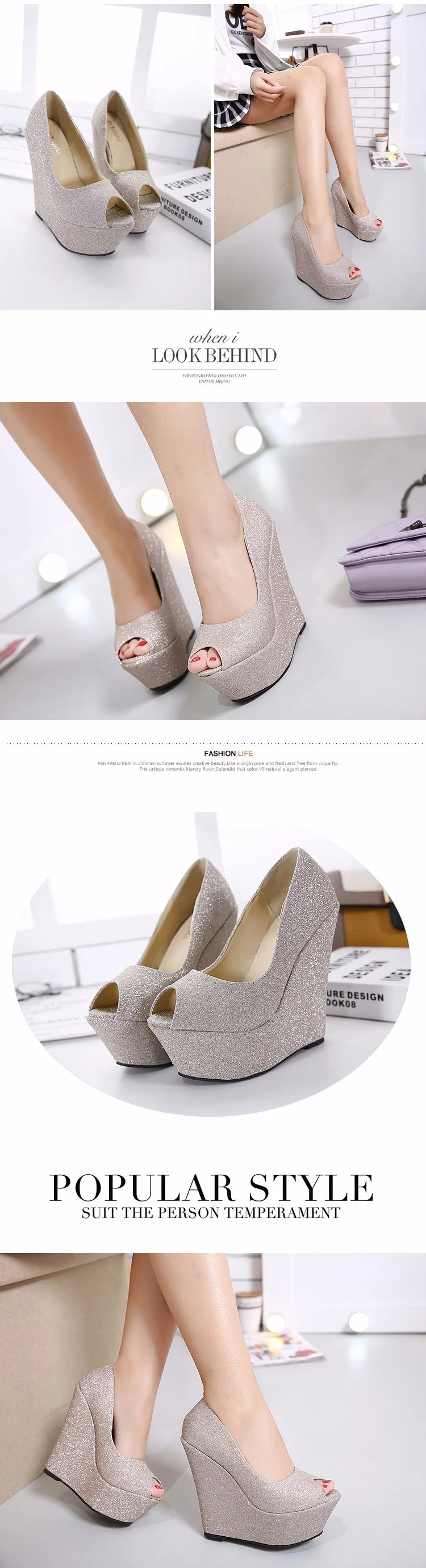 glitter shoes Platform shoes High Heels gold silver wedding Shoes peep toe High Heels Pumps Platform shoes Wedges pumps D925 3