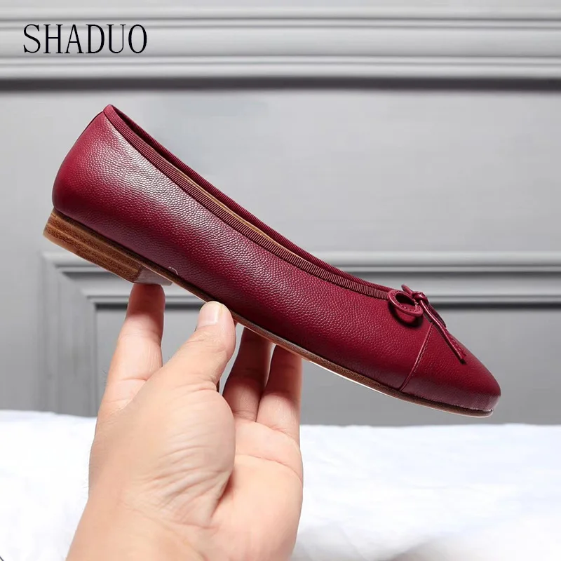 Shaduo/; женские балетки из натуральной кожи наивысшего качества; модельные туфли с бантом - Цвет: Красный