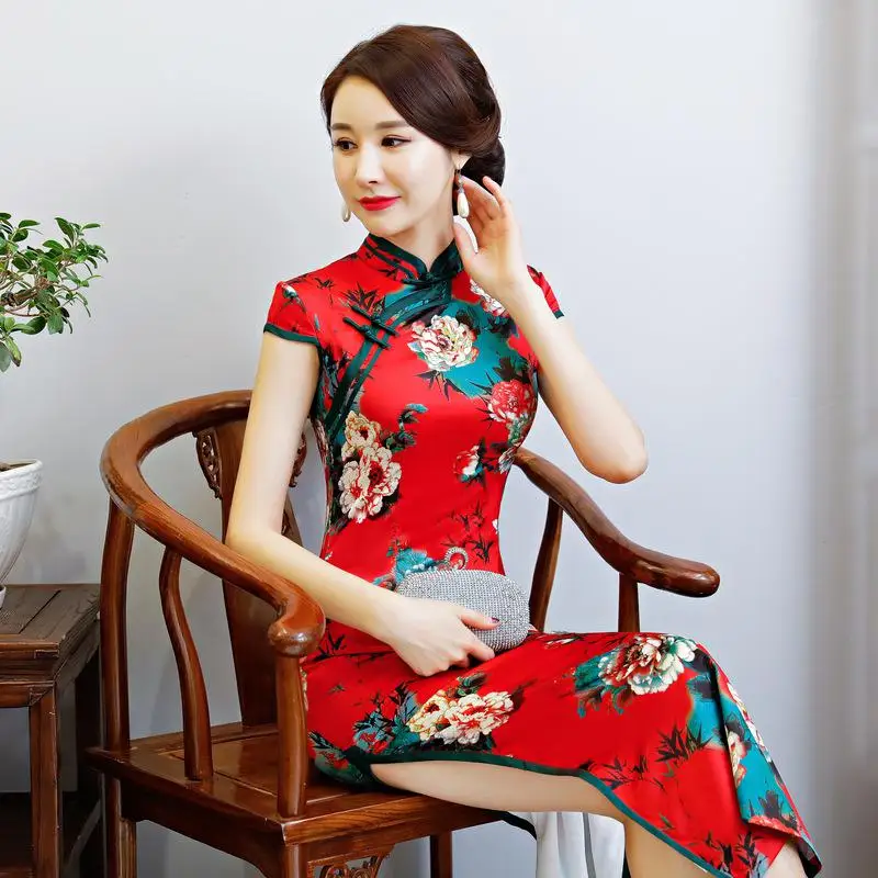 Китайский Стиль китайский женский халат со стоячим воротником, с цветочным принтом пикантные Для женщин высокое вечернее платье осенние бархатные длинные тонкий восточный Qipao M-XXXL - Цвет: Style 2