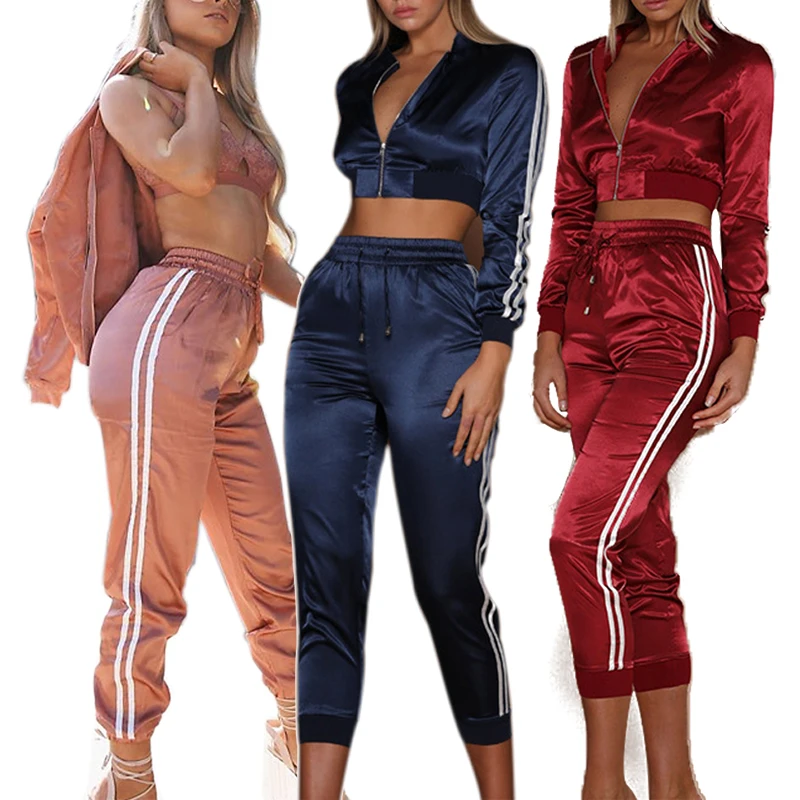 

Side Stripe Calf-length Pants Set Female Fashion Long Sleeves Zipper Corp Top And Sporting Wear Women 2 Piece Set Women Sets