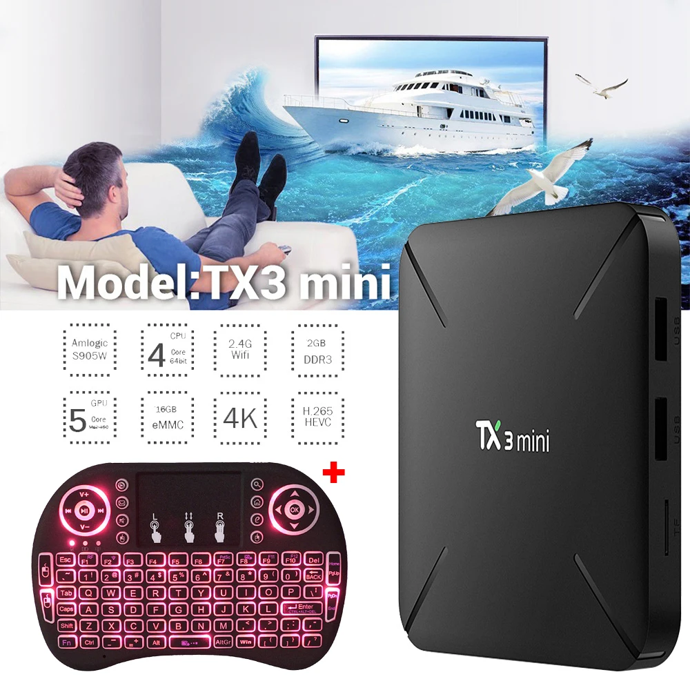 TX3 Мини Android 7 1 Smart ТВ коробке 2 ГБ 16 Amlogic S905W 4 ядра телеприставки H.265 К Wi-Fi IP коробка |