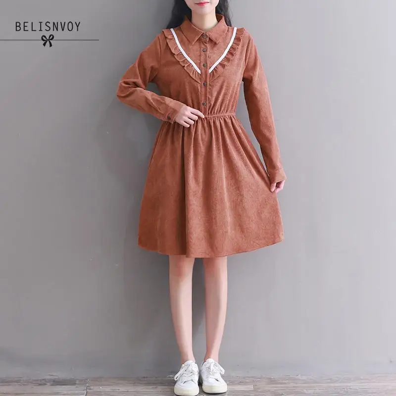 

Autumn Winter Vintage Dress New Women Solid Color Long Sleeve Corduroy Dresses With Ruffles Female Japan Style Vestidos