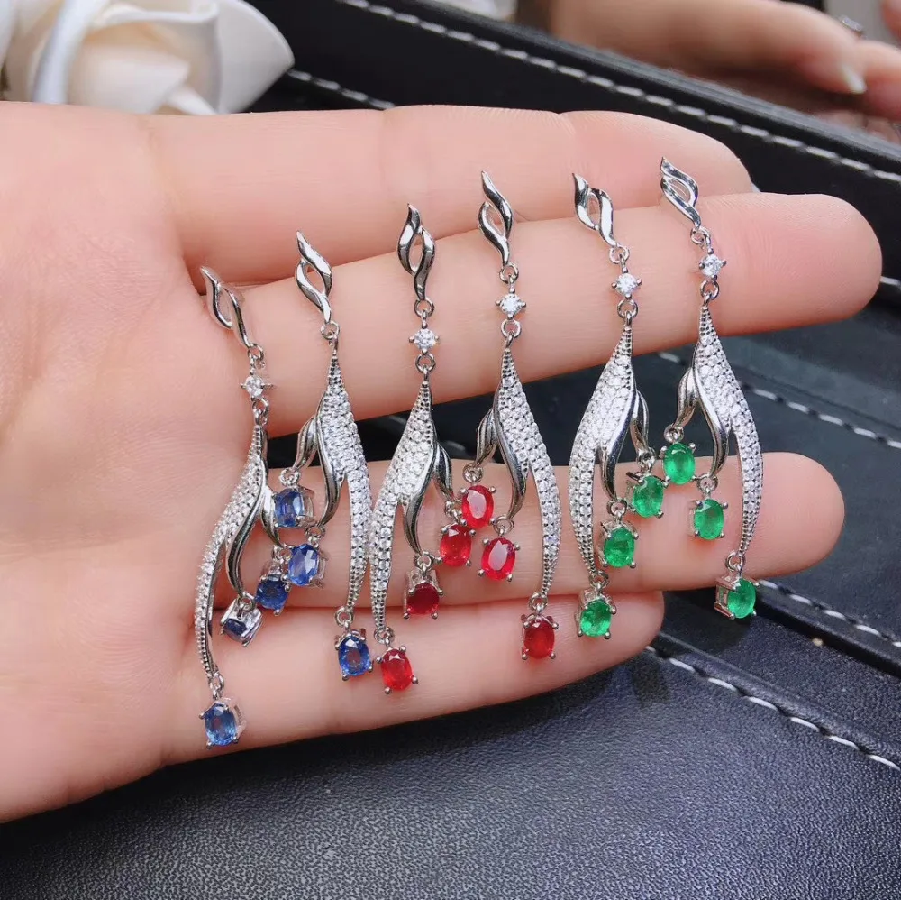 

Ethnic long Tassels Leaf Natural red ruby drop earrings 925 silver natural Emerald sapphire earrings women party gift jewelry