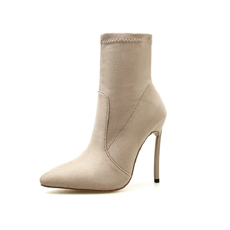 

Europe and the United States large size 2018 autumn and winter new pointed suede female elastic boots beige 1129
