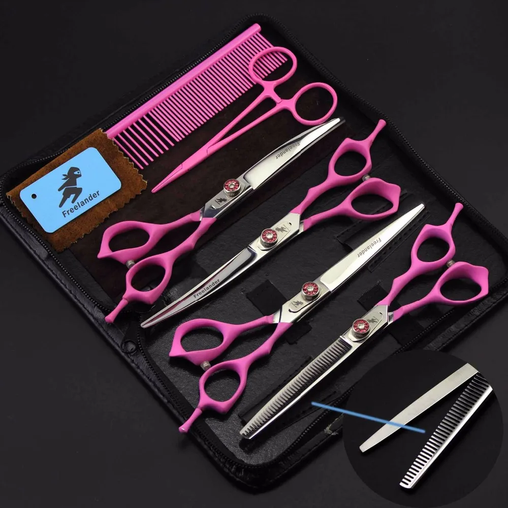 

Freelander Japan 440C 7.0 inch pink paint handle high-end pet grooming scissors 4 piece set hair care tools