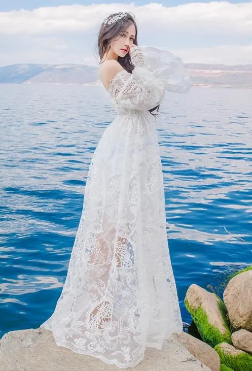 Хорошее качество, сексуальное женское длинное платье с кружевным воротником и вырезами, два предмета, рукава-трубы, белое