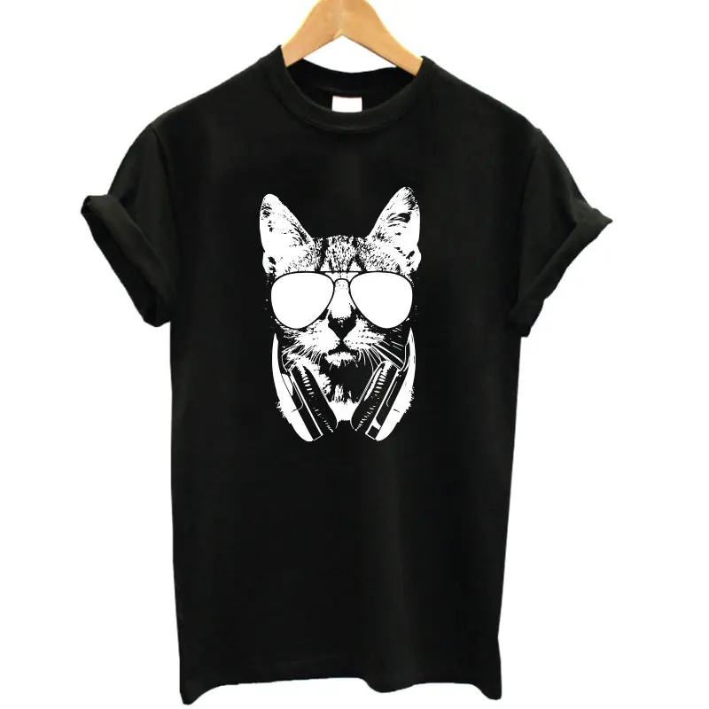COOLMIND CA0246B хлопок Летняя женская футболка с принтом кота повседневная женская футболка с коротким рукавом женская Свободная летняя футболка - Цвет: BLK