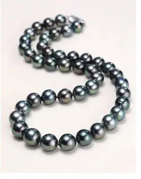 

stunning round tahitian 9-10mm black green pearl necklace 18inch 925s kkk