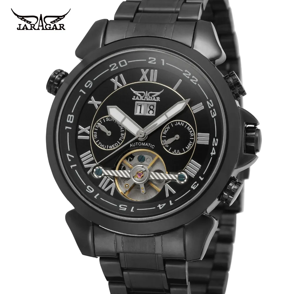 

Jargar Men's Watch Automatic Calendar Stainless Steel Band Tourbillion Wristwatch Color Black