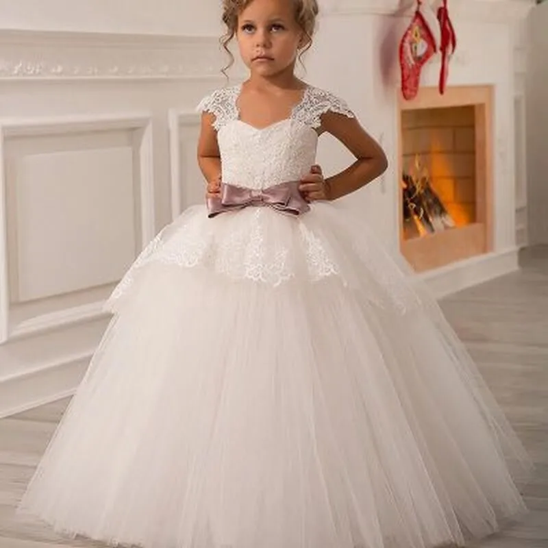 В наличии, белый кружевной тюль, Платья с цветочным узором для девочек на свадьбу, с бантом, на день рождения, платья для девочек, платья для