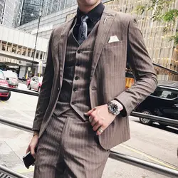 3 шт. качества британский стиль костюм Для мужчин Марка Slim Fit Бизнес праздничная одежда платье в полоску мужской костюм Свадебные Tuxedo