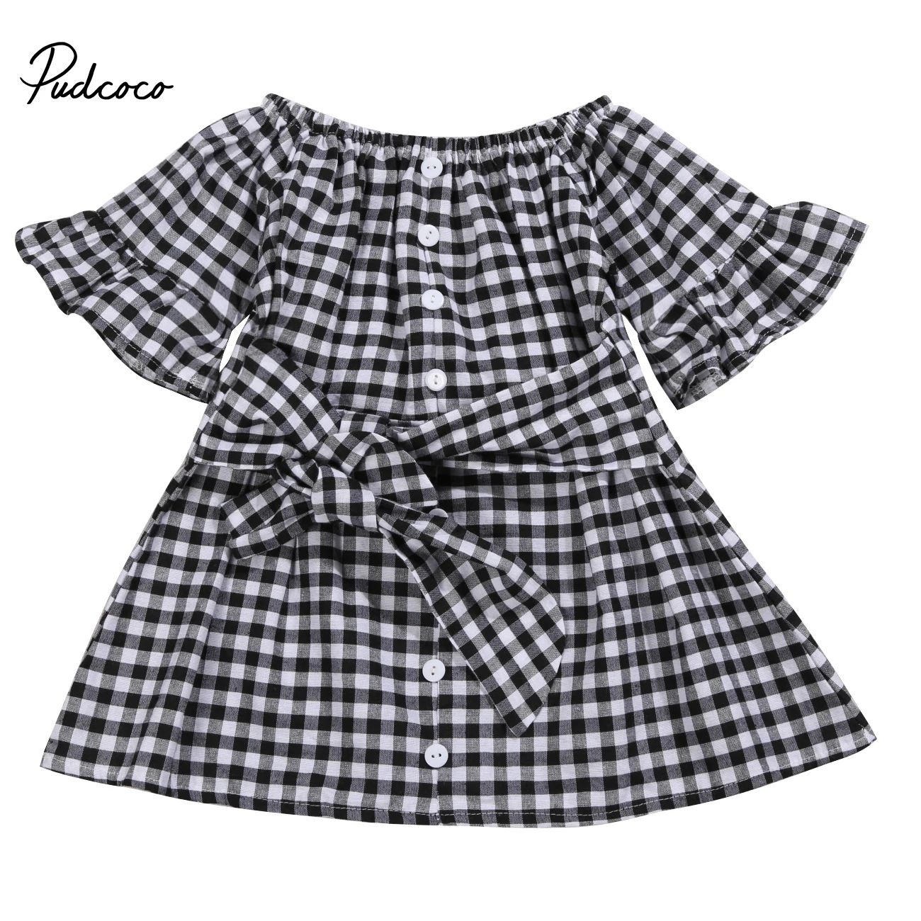 

2018 Brand New Summer Toddler Baby Girl Sweet Dress Off Shoulder Flare Sleeve Ruffles Bow Plaid A-Line Knee-Length Dress 2-6Y