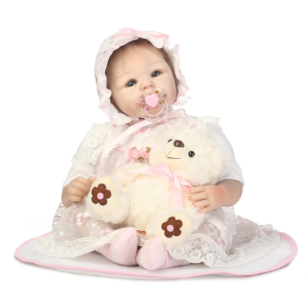 

55cm Silicone Reborn Baby Doll Toys Lifelike 22inch Pink Princess Newborn babies Doll With Bear Birthday Gift Present Girls Brin