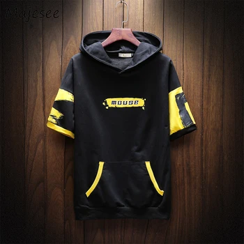 

BF Men with Hat Hoodies & Sweatshirts Mens Hoodie Half Sleeved Summer Letter Korean Style Male Students Clothing Loose Fashion