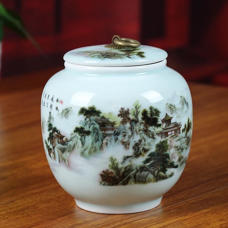 Handmade Landscape Shadow Blue Ceramic Tea Jar Jingdezhen Art Porcelain