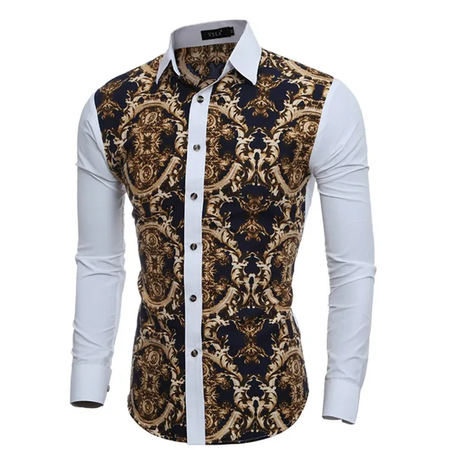 2017 Spring Brand Vintage Printed Men Shirt New Dress Fashion men long