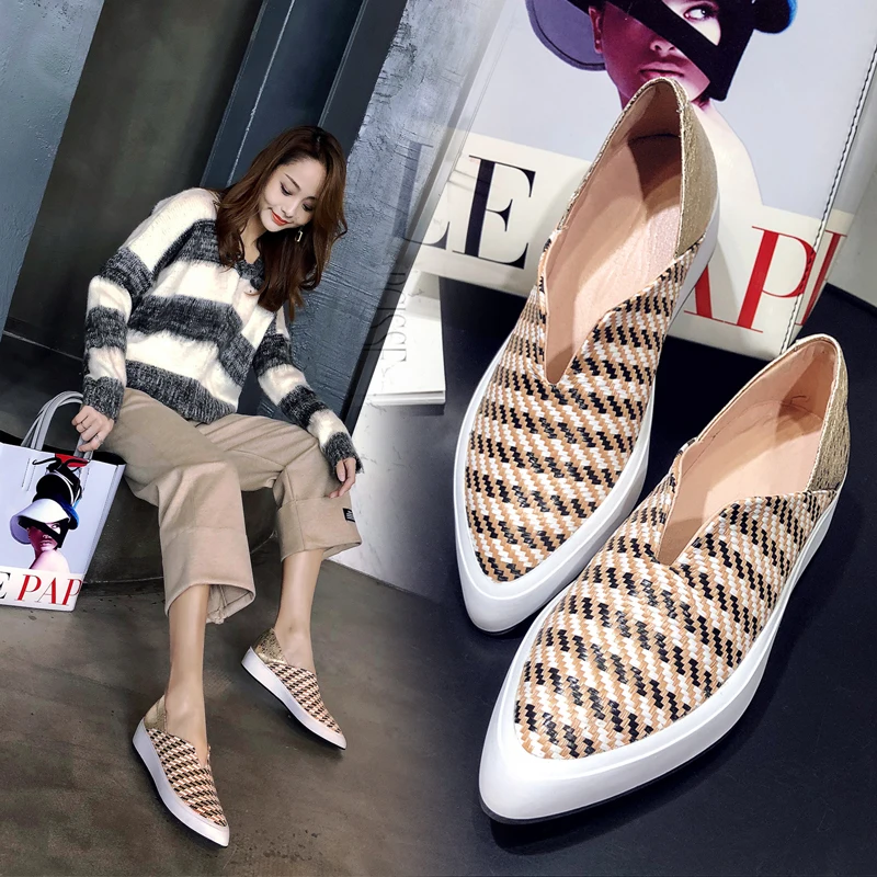 

ins hot Genuine Leather shoes Women Single shoes ladies pumps handmade pointed toe First layer cowhide lattice stitching fashion