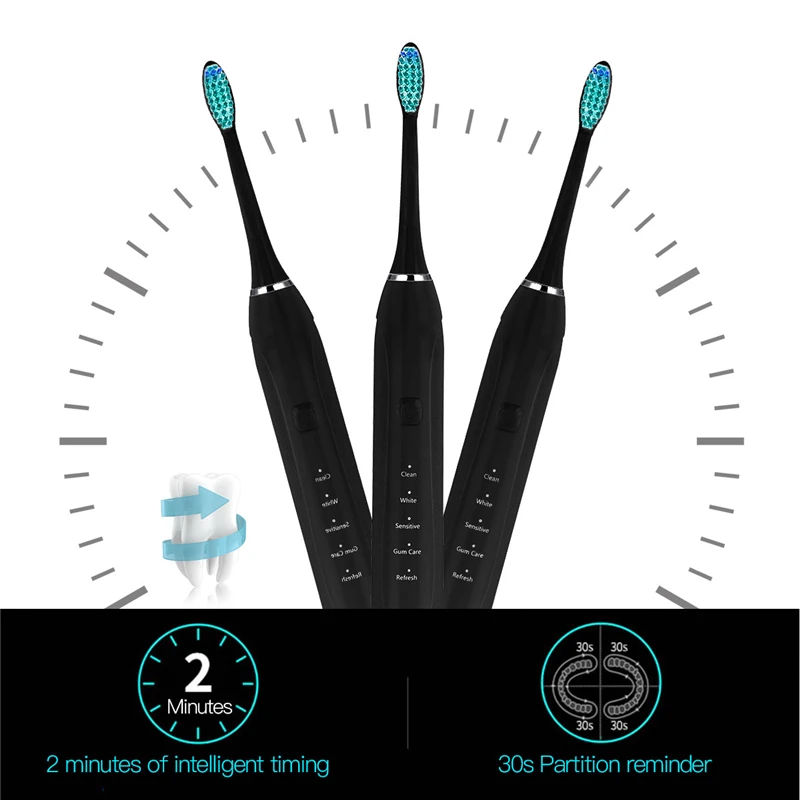 

5 Mode Electric Toothbrush Sonic Tooth Brush Smart Timer Safety Waterproof USB Rechargeable for adults with 3 Replacement Head47