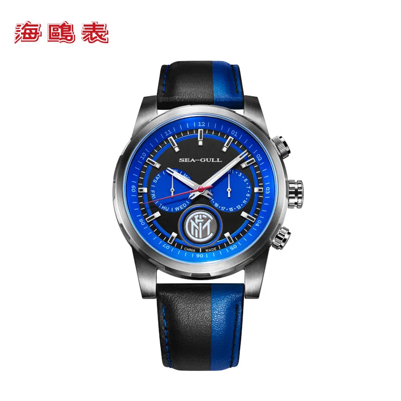 

Seagull Watch Automatic Mechanical Watch Inter Milan Limited Edition Multiple Time Zone Calendar Week Black Leather Men Watches