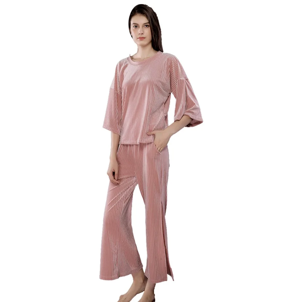 2018 Autumn New Women Twinset Thin Velour Pajamas Set Half Sleeve Long