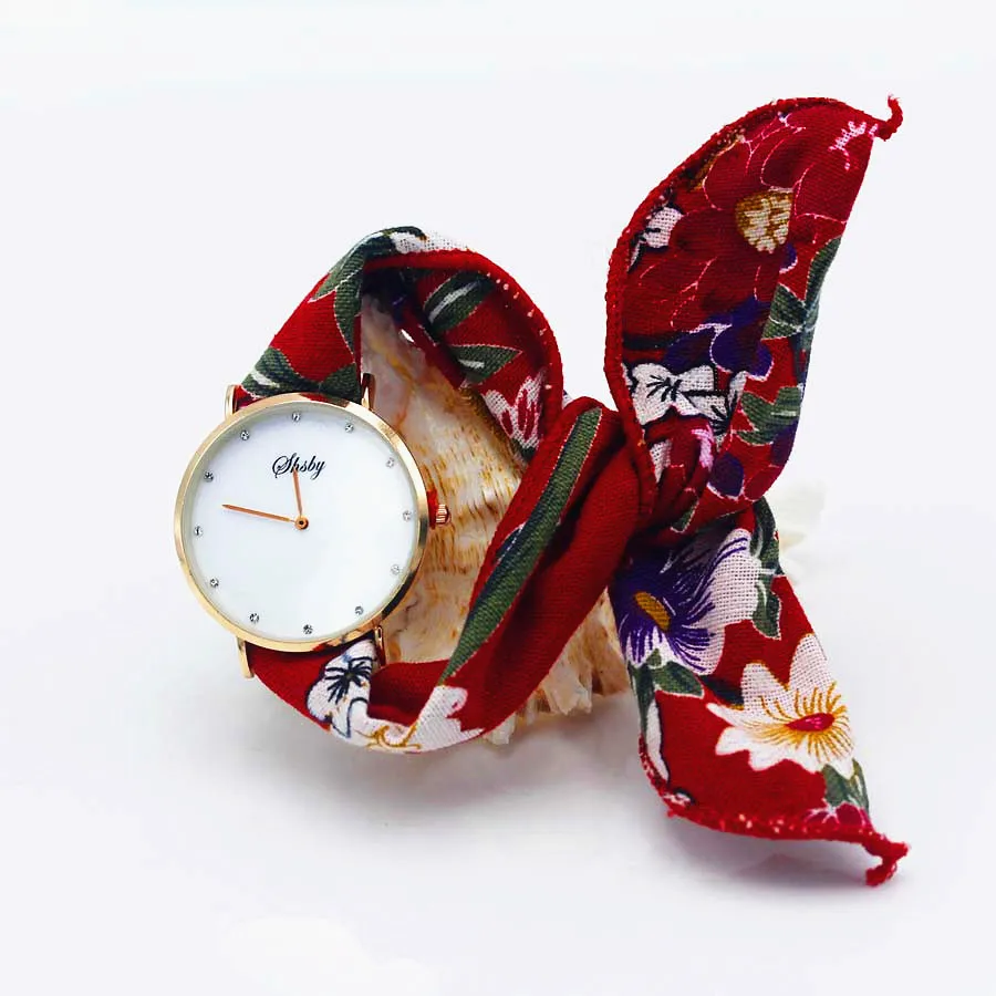 Shsby бренд стиль дамы цветок ткань наручные часы Женское платье часы Мода Девушка повседневные кварцевые часы браслет тканевые часы - Цвет: Gold red