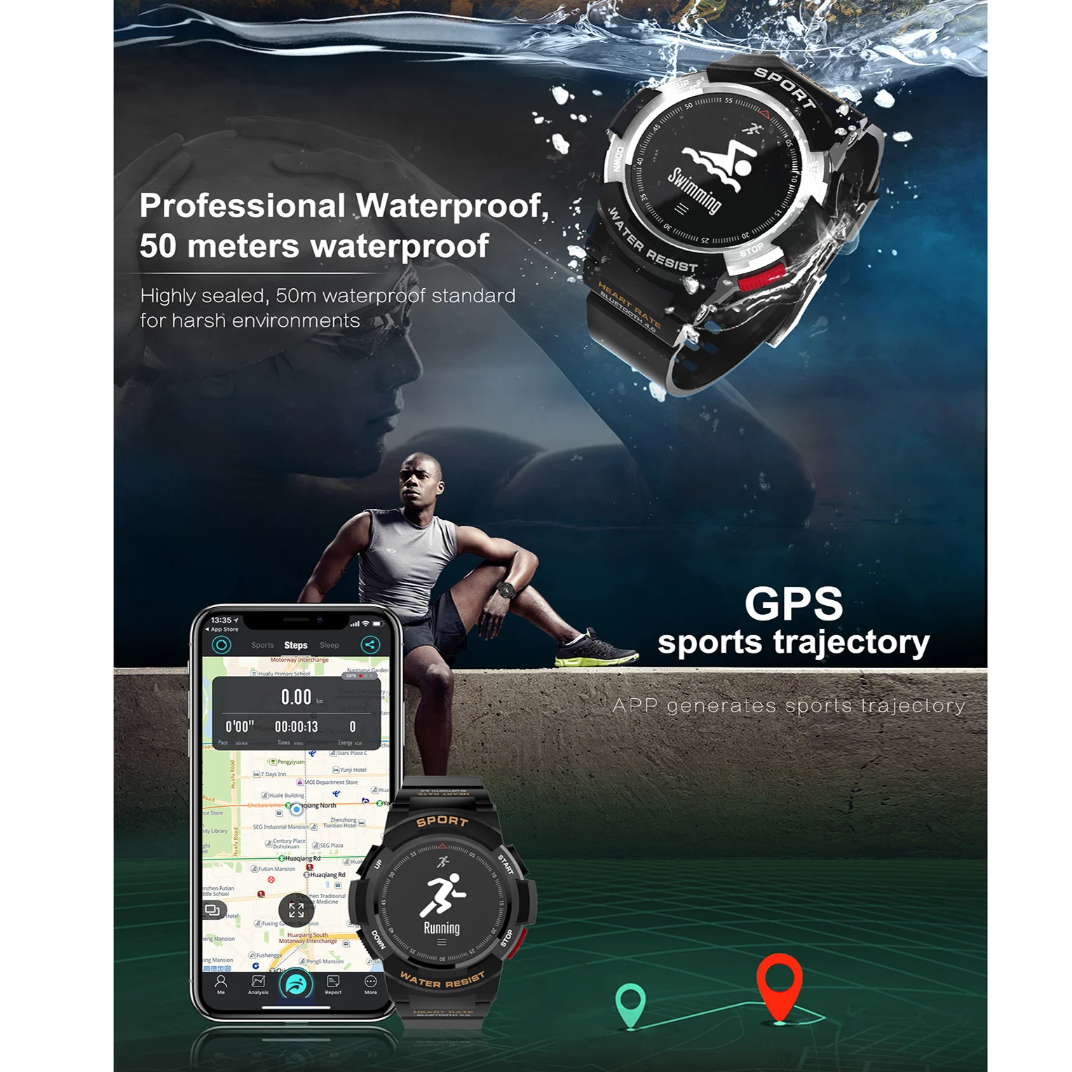 Мужские умные часы F6, умные часы с Bluetooth 4.0IP68, водонепроницаемые, gps, мониторинг сердечного ритма, шагомер для Android IOS