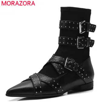 

MORAZORA 2019 Newest women ankle boots genuine leather rivet buckle Elastic socks boots pointed toe punk casual shoes woman