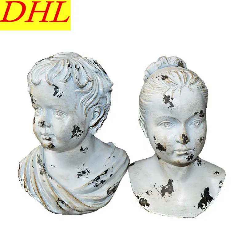 

Cute Boys and Girls Statue Dilapidation Figure Bust Gypsum Imitative Wood Home Decorations Collectible Colophony Crafts L2155