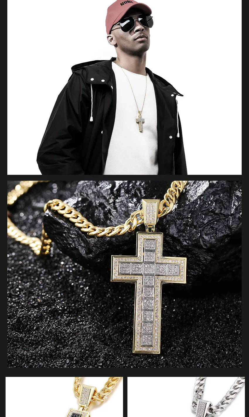 Двойная трендовая подвеска в виде креста, блестящий кристалл, черная/Серебряная/Золотая цепочка, ожерелье для мужчин, ожерелье в стиле хип-хоп, ювелирные изделия, кубинские ожерелья