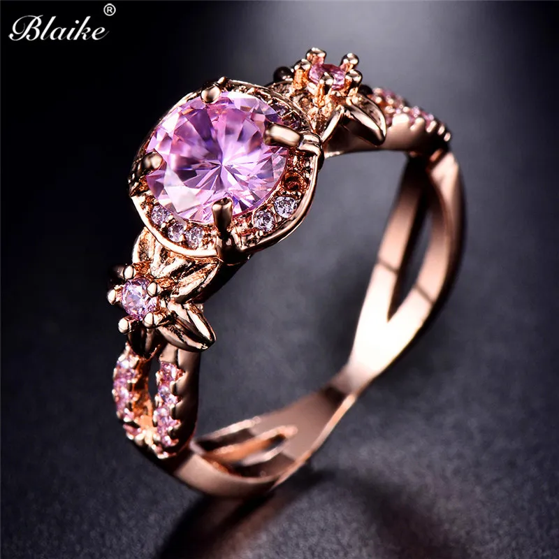 Blaike Boutique Pink Zircon Female Rose Gold Filled Xmas Present Flower Rings for Women Wedding Jewelry Engagement Ring | Украшения и
