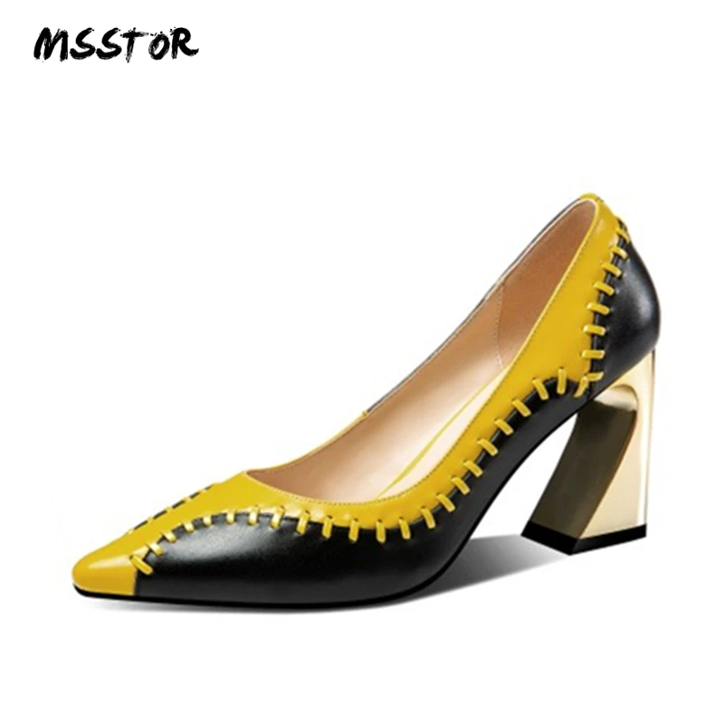 

MSSTOR Pointed Toe Women High Heels Yellow Shallow Slip-On Party Hoof Heels Autumn Spring Ladies Pumps Sexy Luxury High Heels