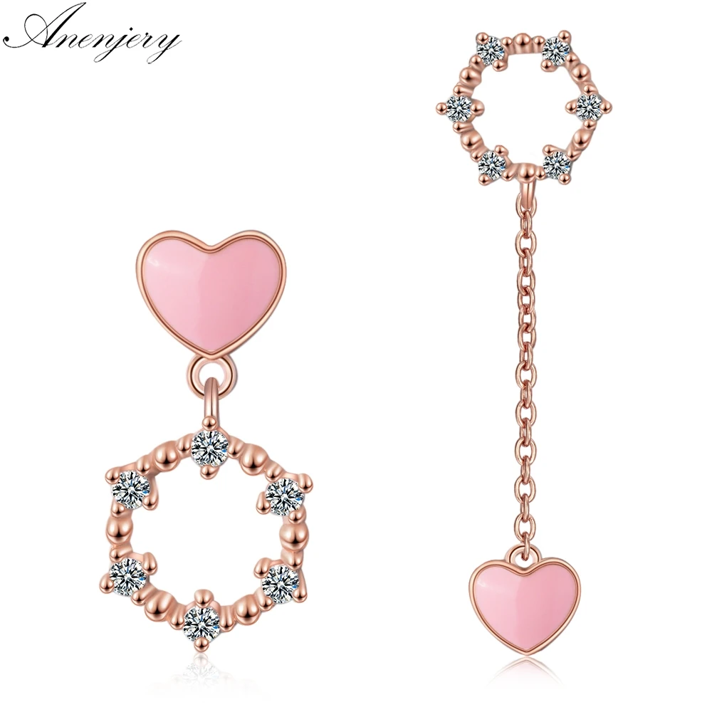 ANENJERY 925 пробы серебро розовый любящее сердце ассиметричные серьги