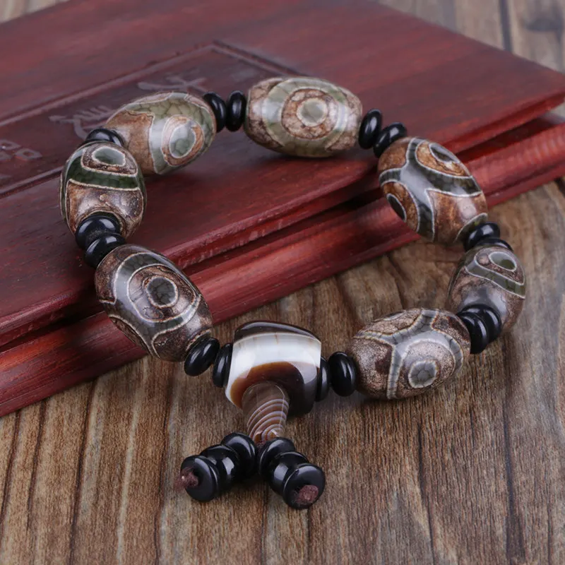 brown grey black onyx big oval semi precious stone beads beaded tassel charm tibetan buddhism beads bracelet for man