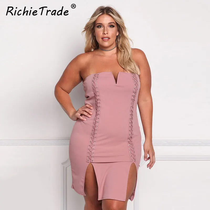 

RICHIETRADE Strapless Off Shoulder Sexy Dress Solid Lace Up Mini Plus Size Dress Women Summer 2017 New Arrival Bandage Dresses